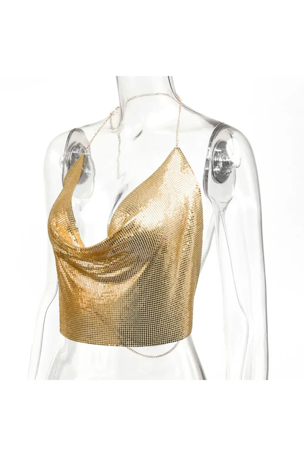 Parlak Gold Crop & Bluz Kolsuz Kayık Yaka Zırh Büstiyer