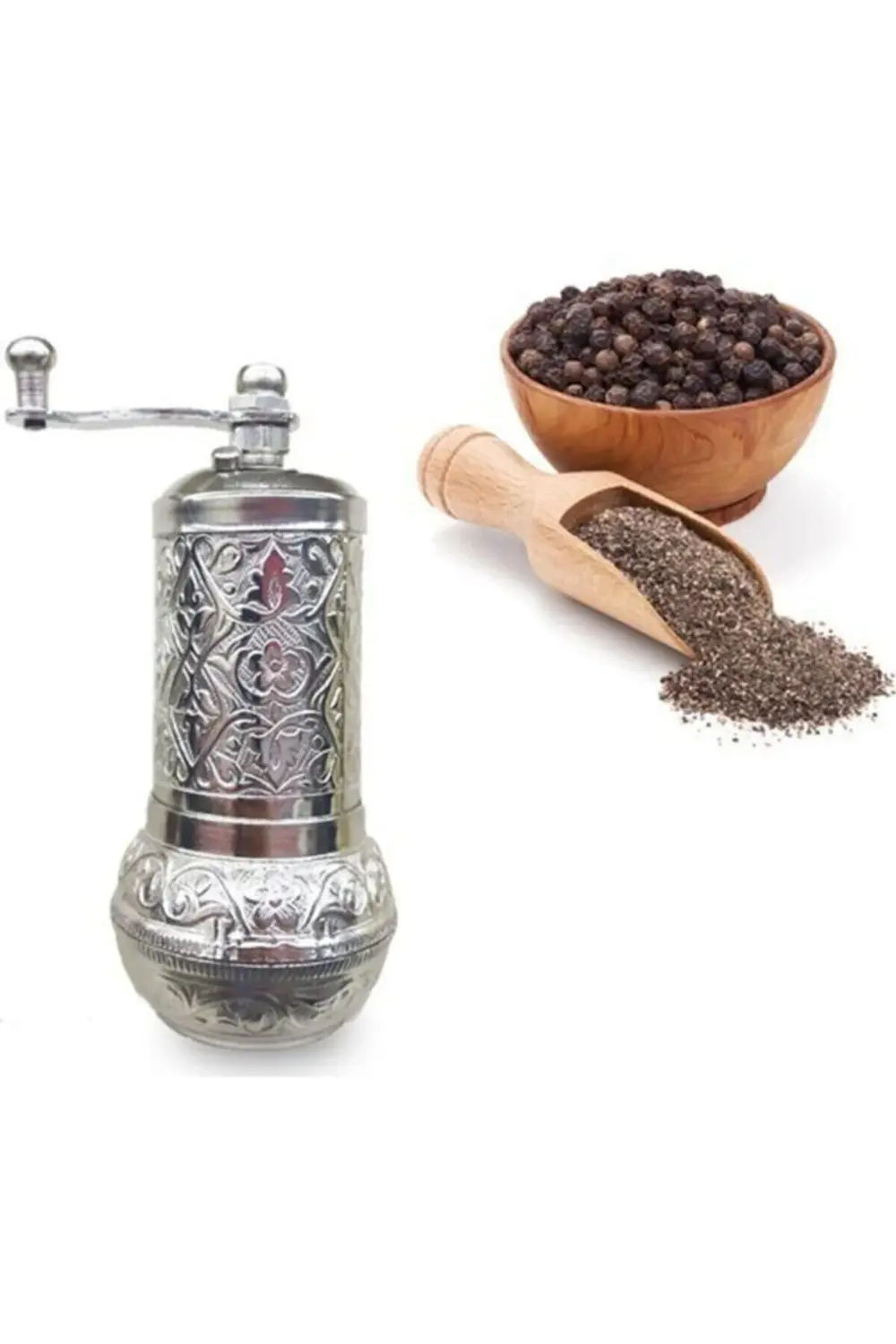 Parlak Gümüş Renk Osmanlı Motifli Otantik Karabiber Tuz Pirinç De