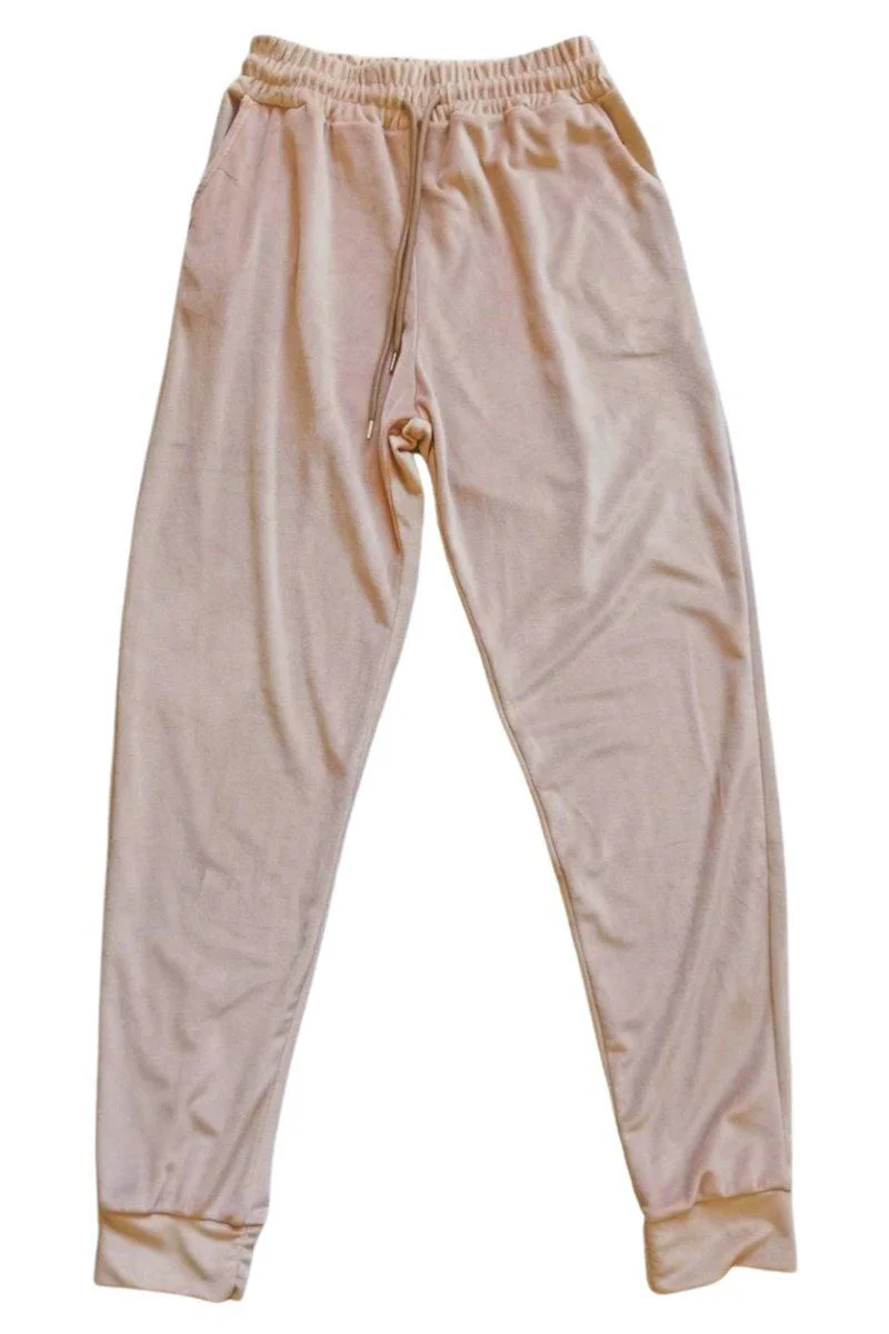 Parlak Kadife Cepli Pantolon - Eşofman Pijama Altı Unisex Lastikli Paça Bej Fiyatı, Yorumları ve Özellikleri