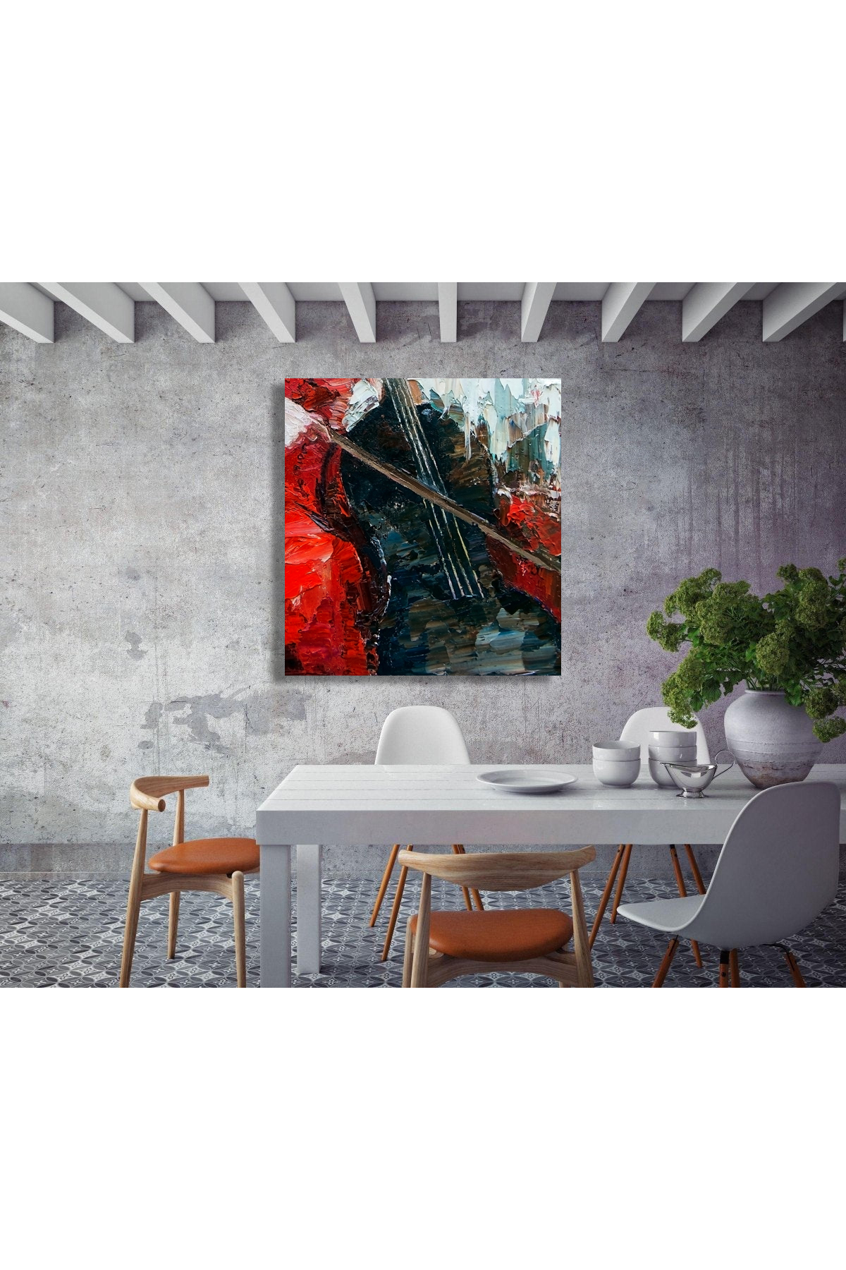 Korkmazkanvas Parlak Kırmızı Elbiseli Bir Kız Müzisyen, Keman Kare Kanvas Tablo