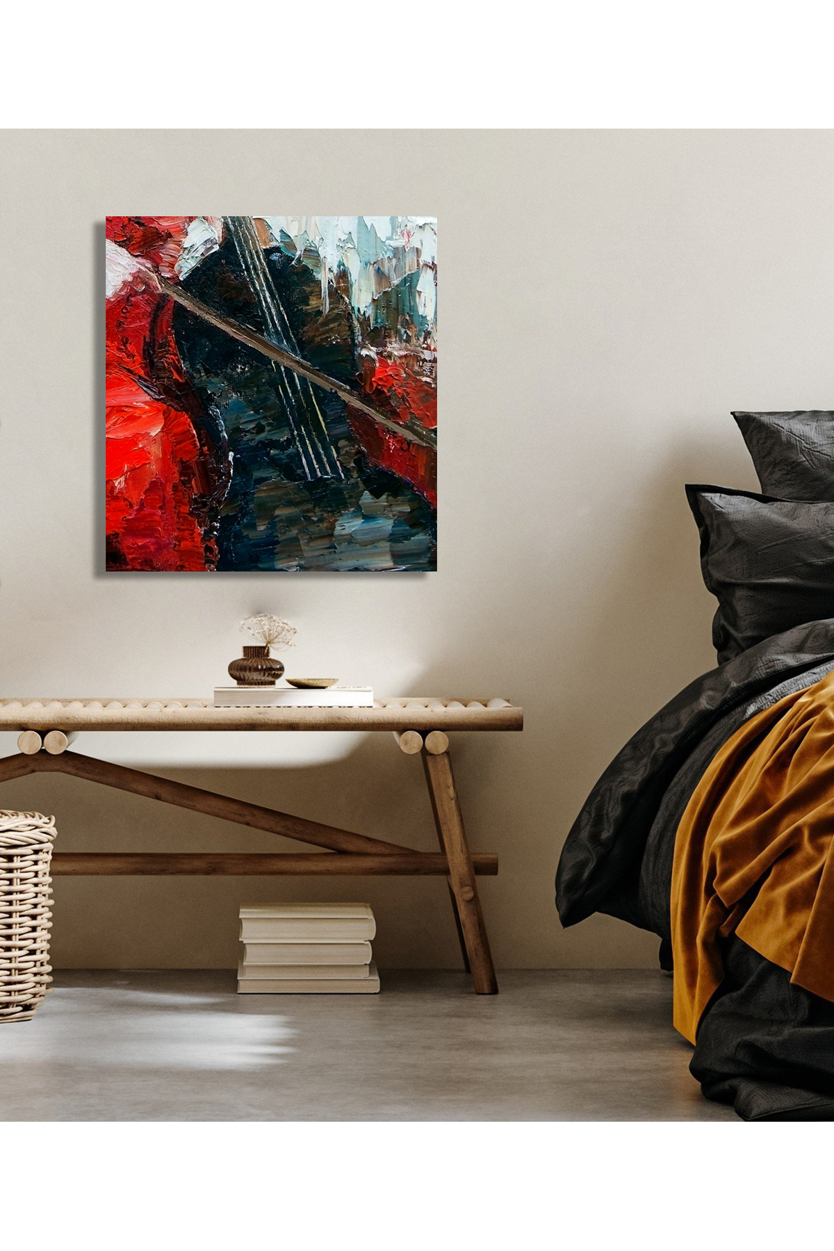 Korkmazkanvas Parlak Kırmızı Elbiseli Bir Kız Müzisyen, Keman Kare Kanvas Tablo