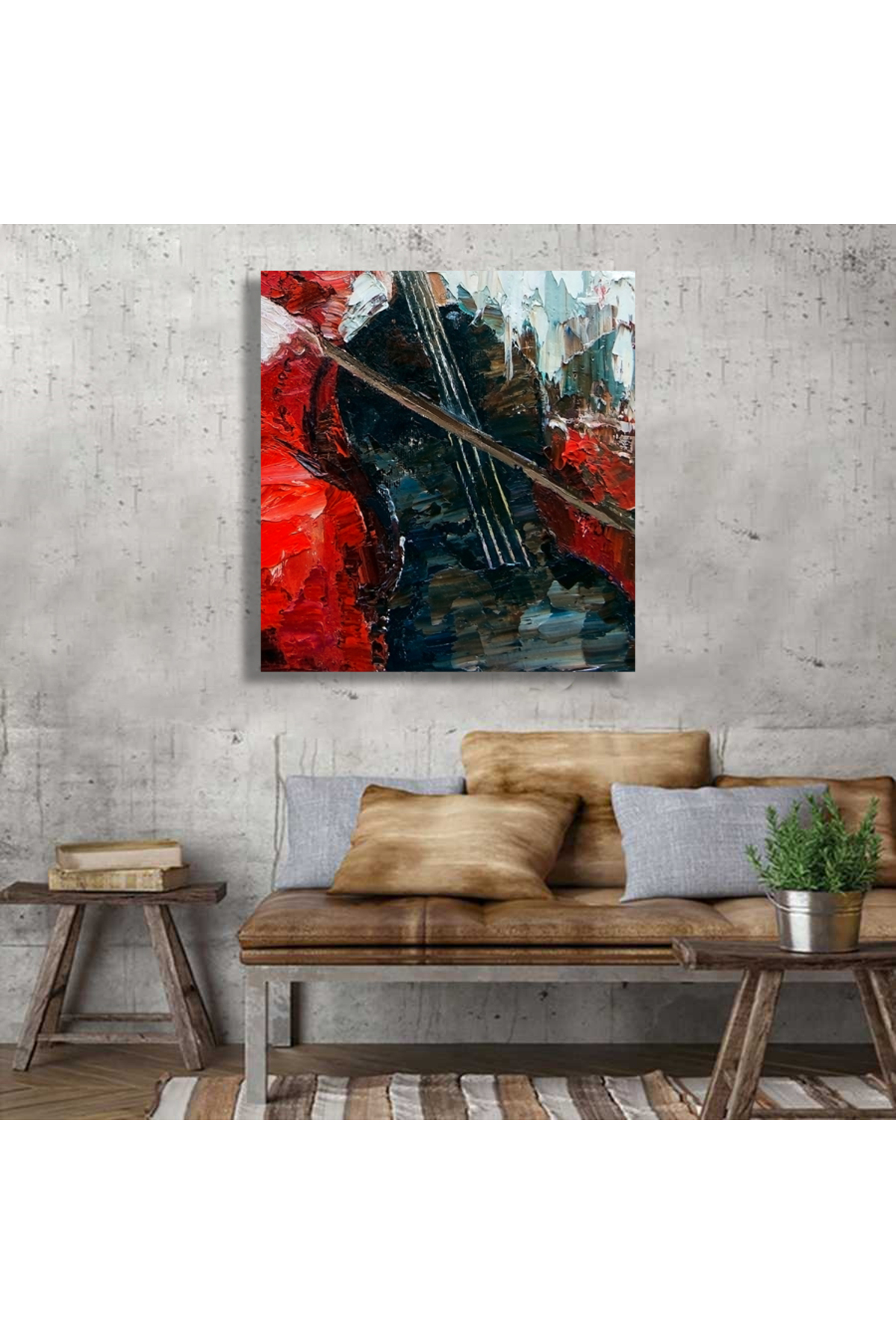 Korkmazkanvas Parlak Kırmızı Elbiseli Bir Kız Müzisyen, Keman Kare Kanvas Tablo