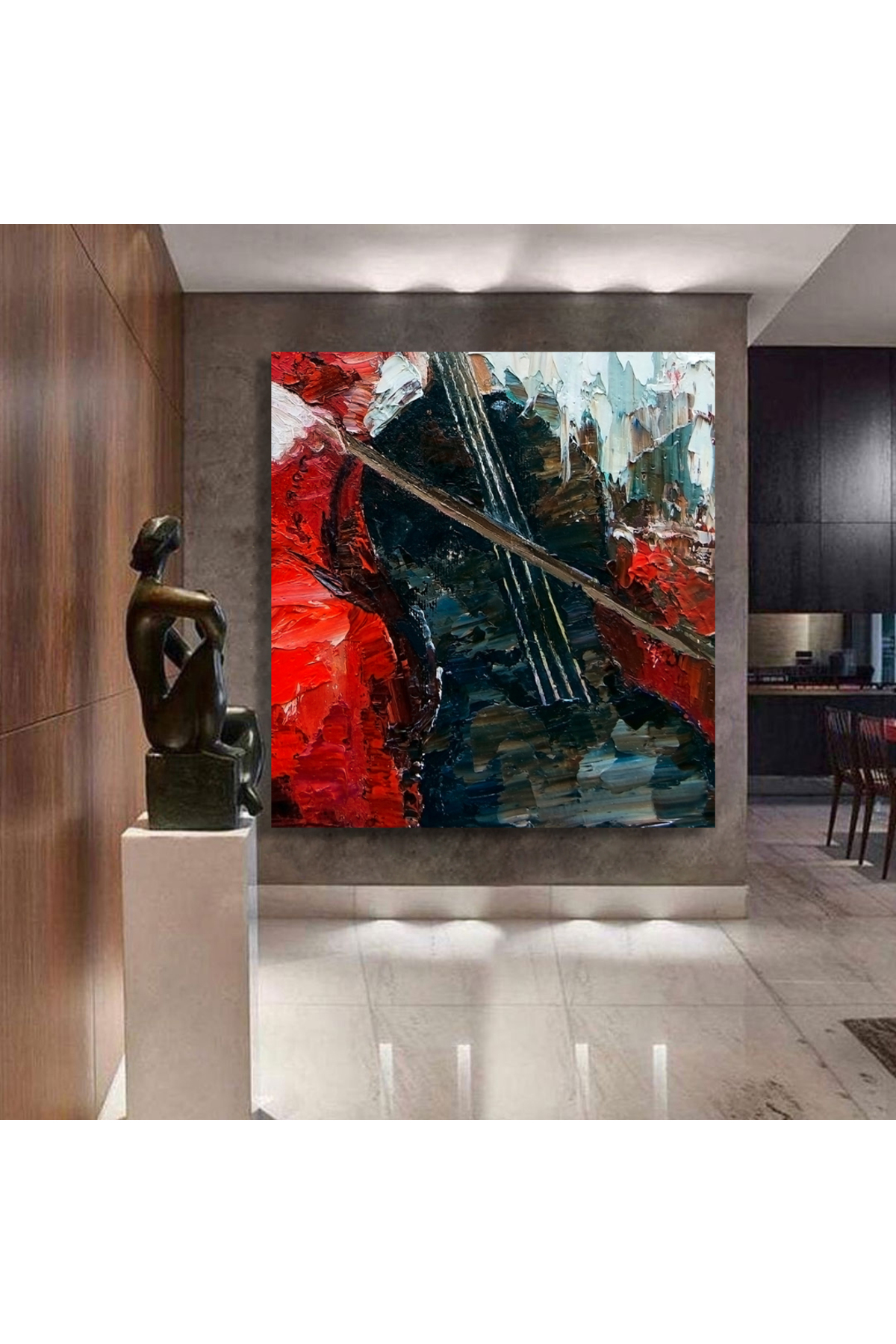 Korkmazkanvas Parlak Kırmızı Elbiseli Bir Kız Müzisyen, Keman Kare Kanvas Tablo