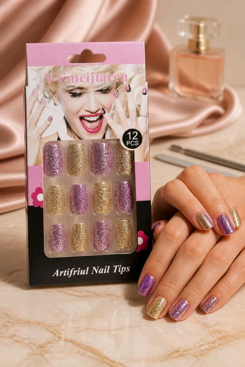 Parlak Lüks  Simli Takma Tırnak (Tırnak Yapıştıcı Hediye)