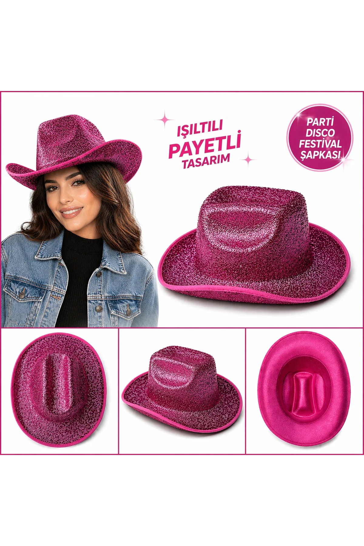 Parlak Pembe Kovboy Şapka Kadın Erkek Parti Disco Festival Şapkası Parlak Pembe Kovboy Şapka Kadın Erkek Parti Disco Festival Şapkası