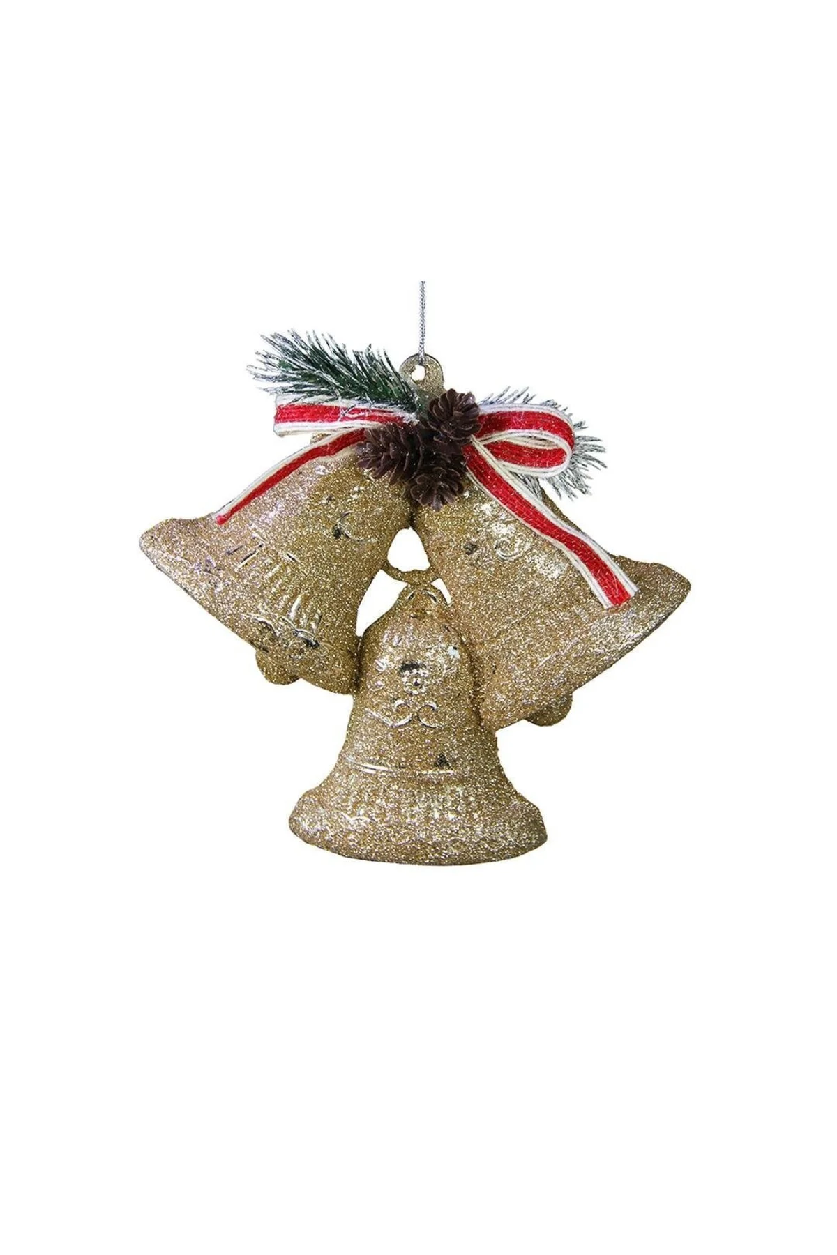 Yılbaşı Süsü Simli Kozalaklı Üçlü Çan Şampanya 12 cm