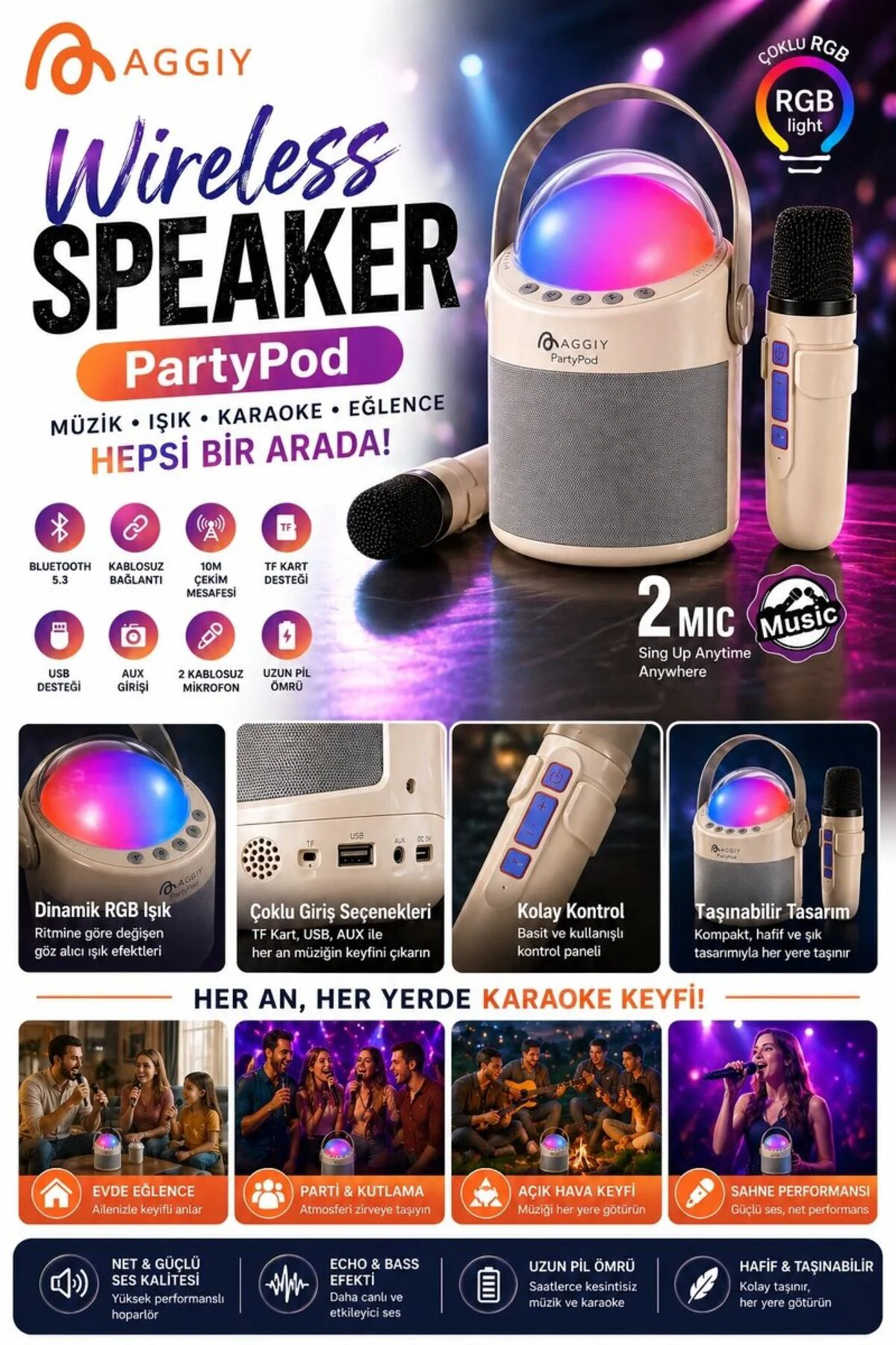 Partypod Bluetooth 5.3 Destekli Çok Fonksiyonlu Kablosuz Mikrofon