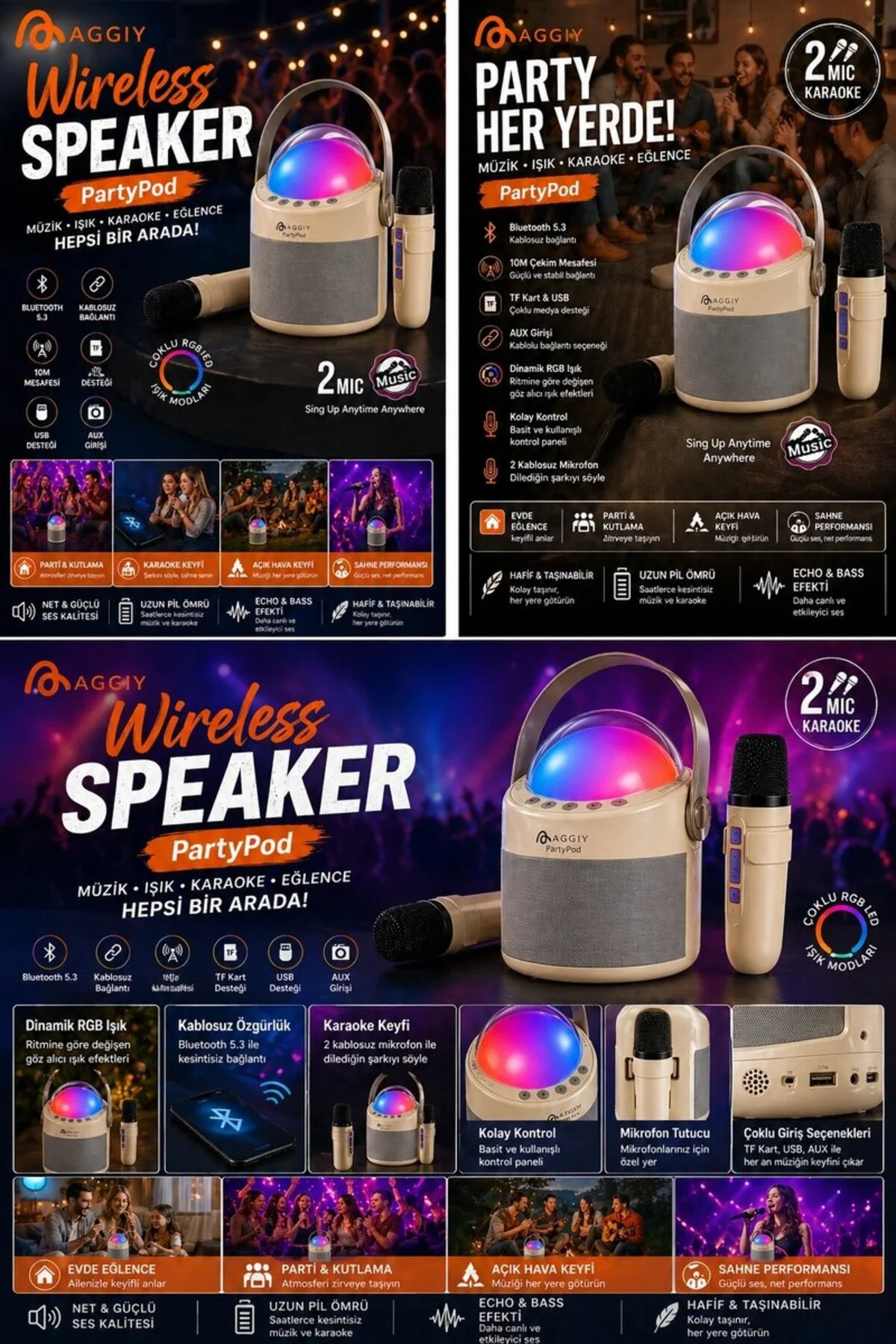 Partypod Bluetooth 5.3 Destekli Çok Fonksiyonlu Kablosuz Mikrofon