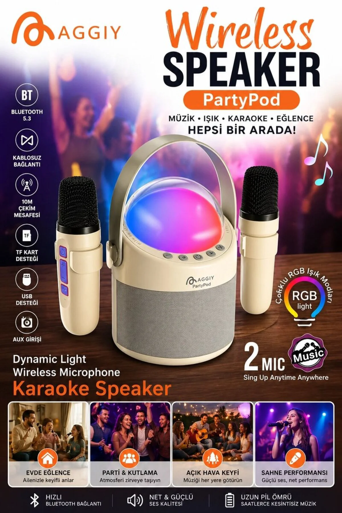 Partypod Bluetooth 5.3 Destekli Çok Fonksiyonlu Kablosuz Mikrofon