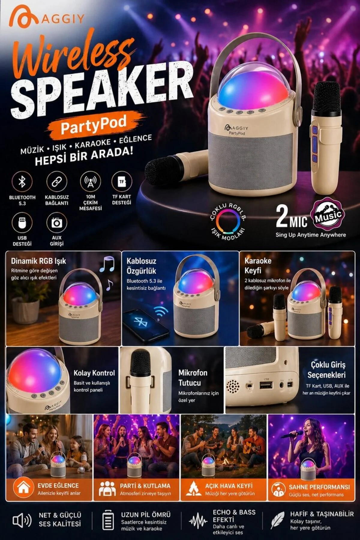 Partypod Bluetooth 5.3 Destekli Çok Fonksiyonlu Kablosuz Mikrofon