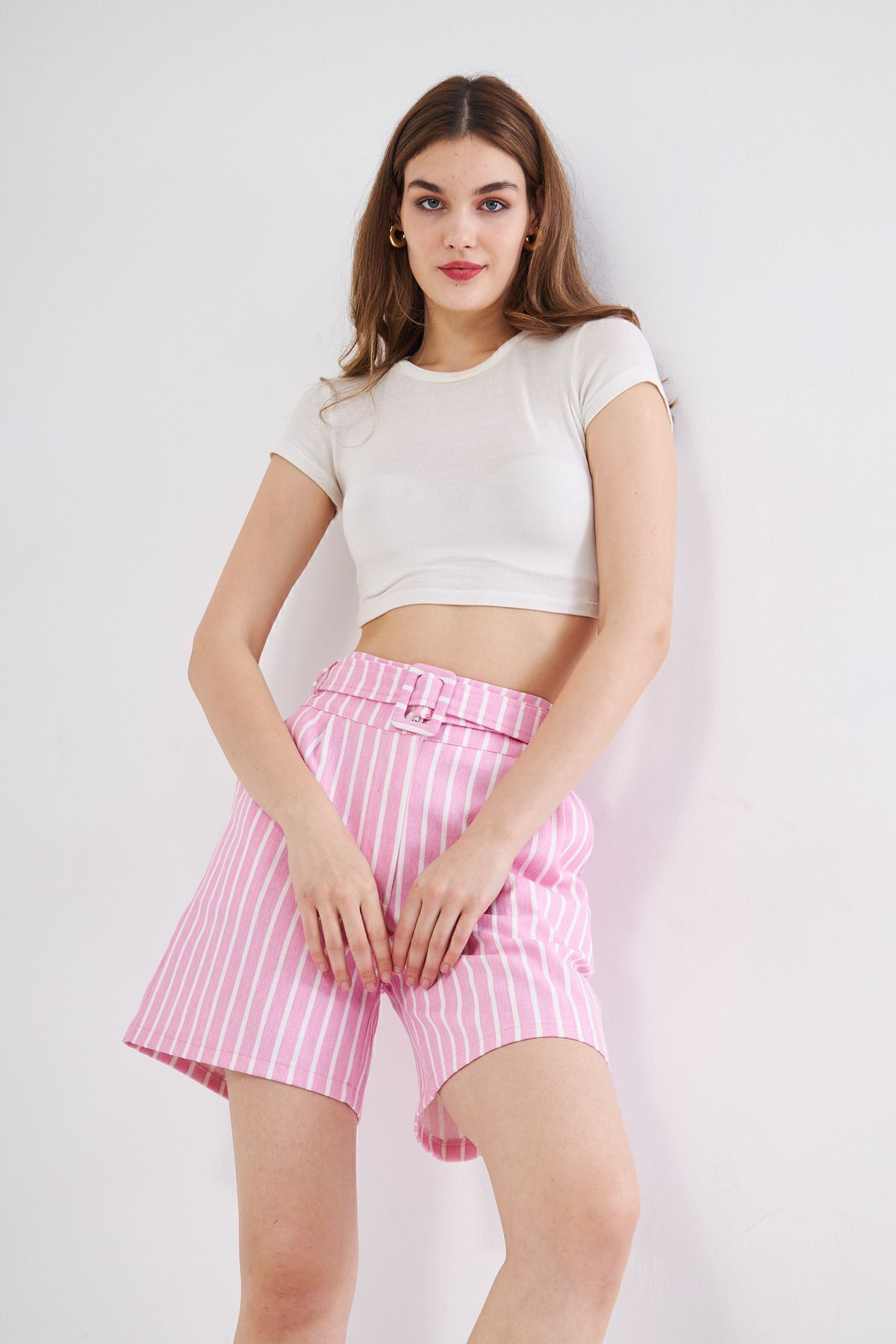 Yıldızistan Pasaklı Giyim Kadın Gabardin Kumaş Cepli Kemerli Tokalı Çizgili P