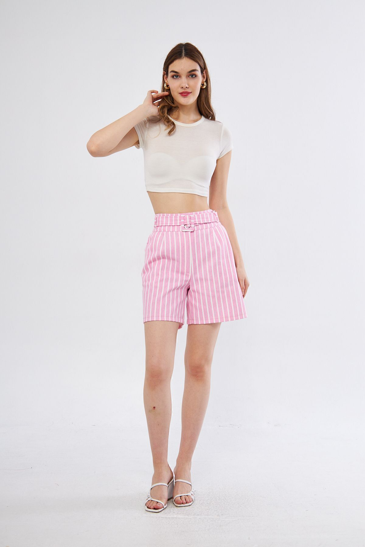 Yıldızistan Pasaklı Giyim Kadın Gabardin Kumaş Cepli Kemerli Tokalı Çizgili P