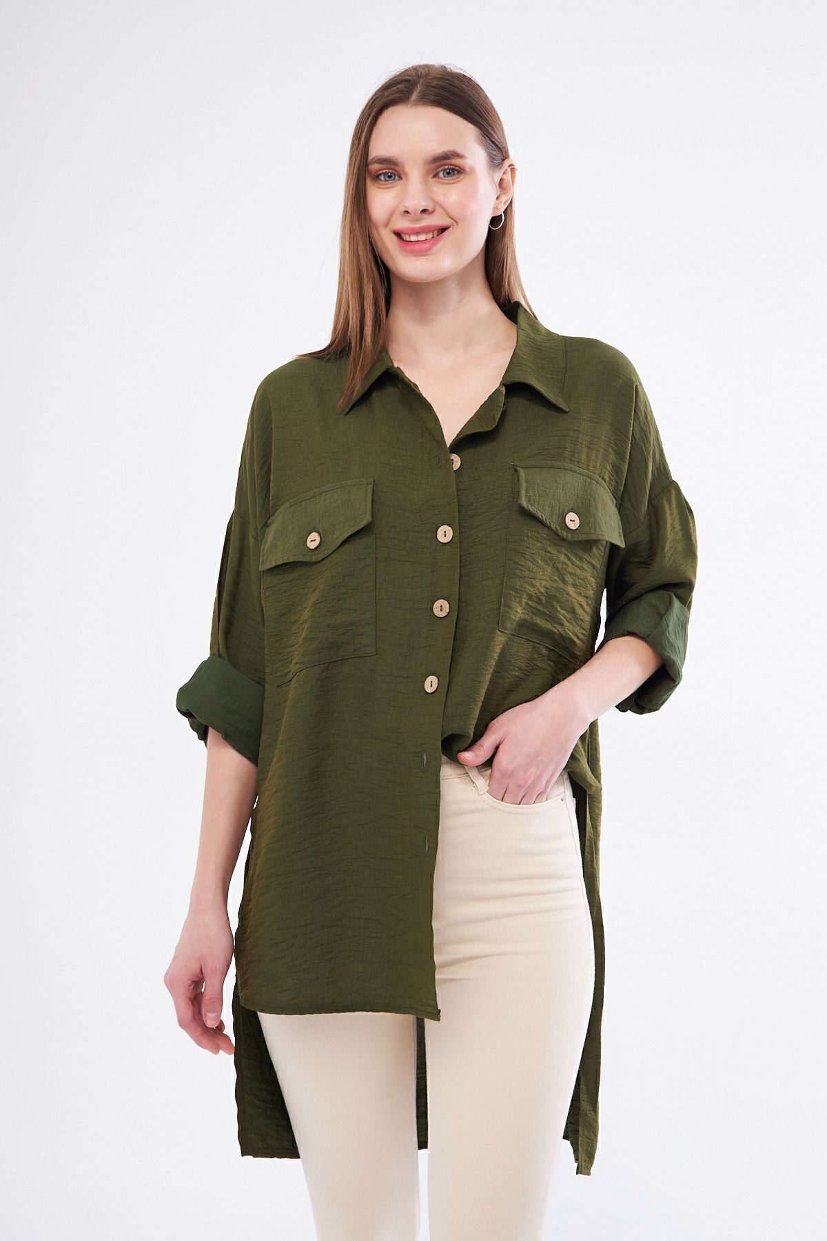 Pasaklı Giyim Kadın Oversize Arkası Uzun Pileli Uzun Kollu Haki U