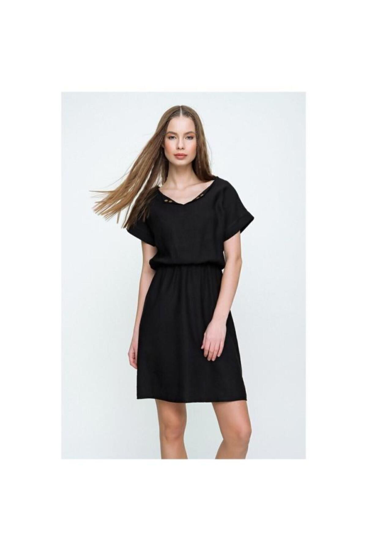 Yıldızistan Pasaklı Giyim Kadın Beli Büzgülü Yakası Düğmeli Rahat Keten Elbis