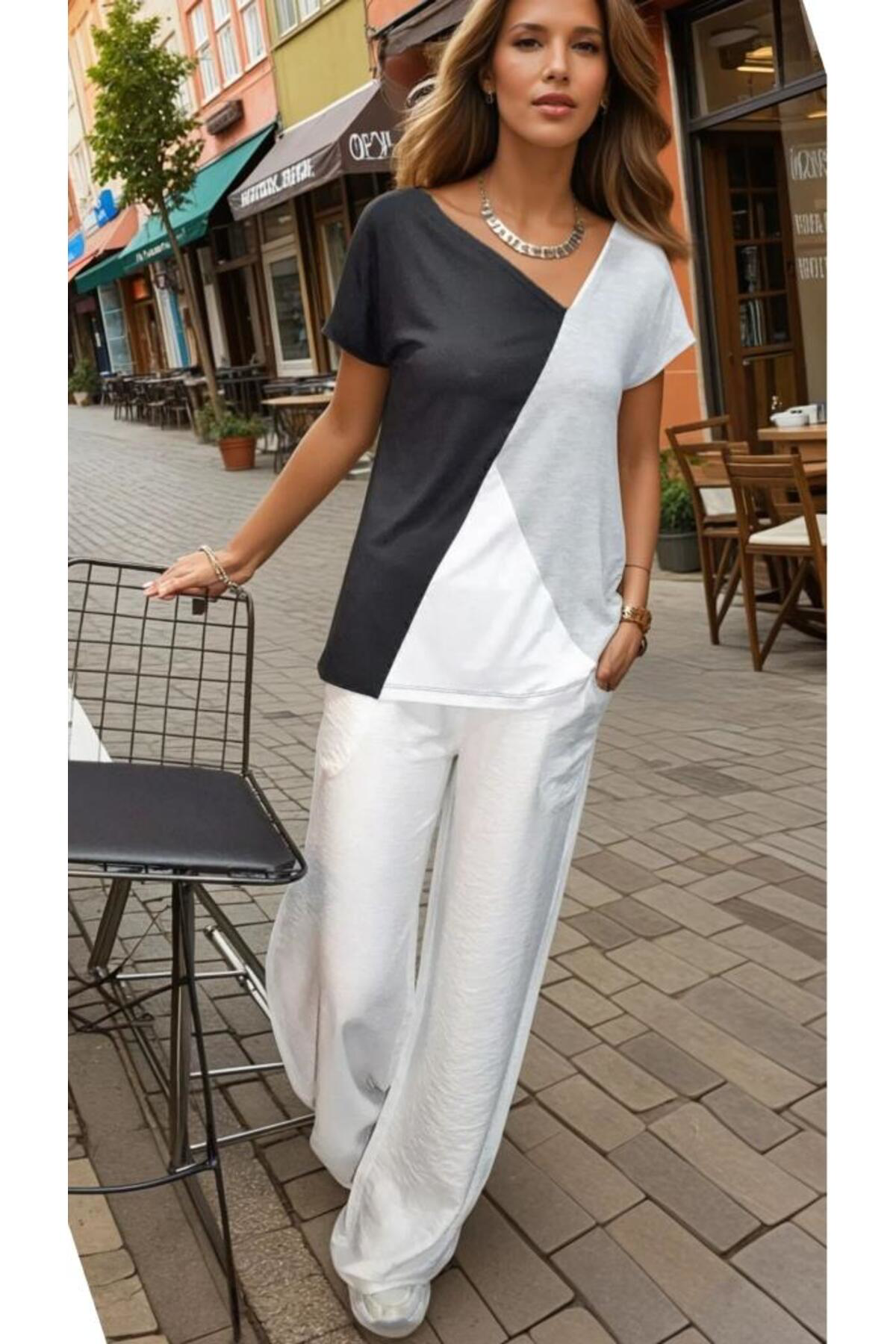 Pasaklı Giyim Kadın Renk Bloklu Kısa Kollu Salaş Penye T-shirt 32