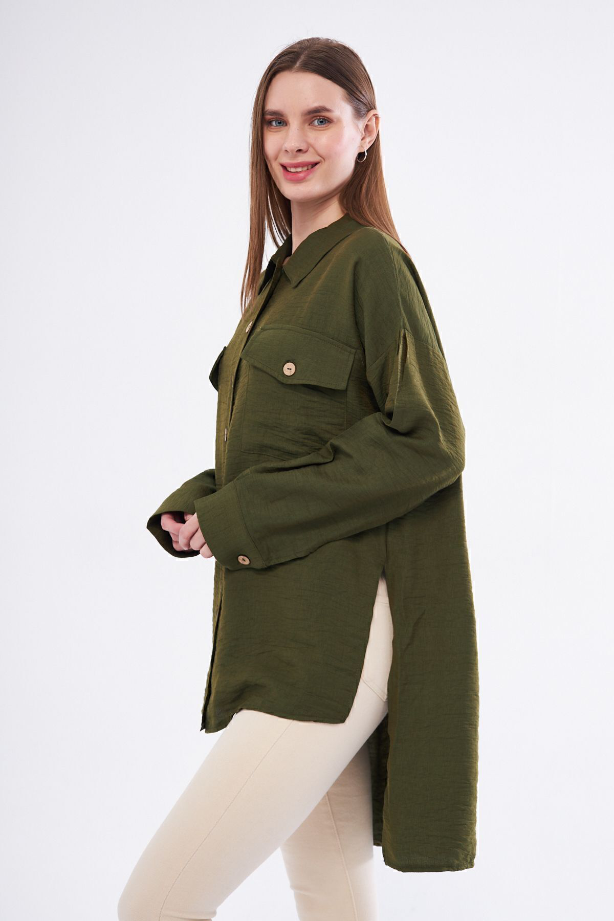 Pasaklı Giyim Kadın Oversize Arkası Uzun Pileli Uzun Kollu Haki U