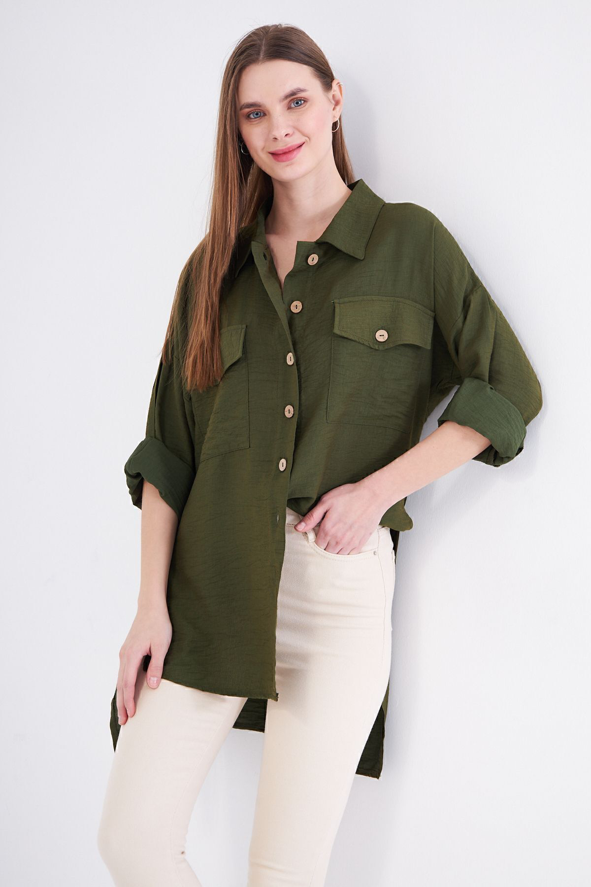 Pasaklı Giyim Kadın Oversize Arkası Uzun Pileli Uzun Kollu Haki U