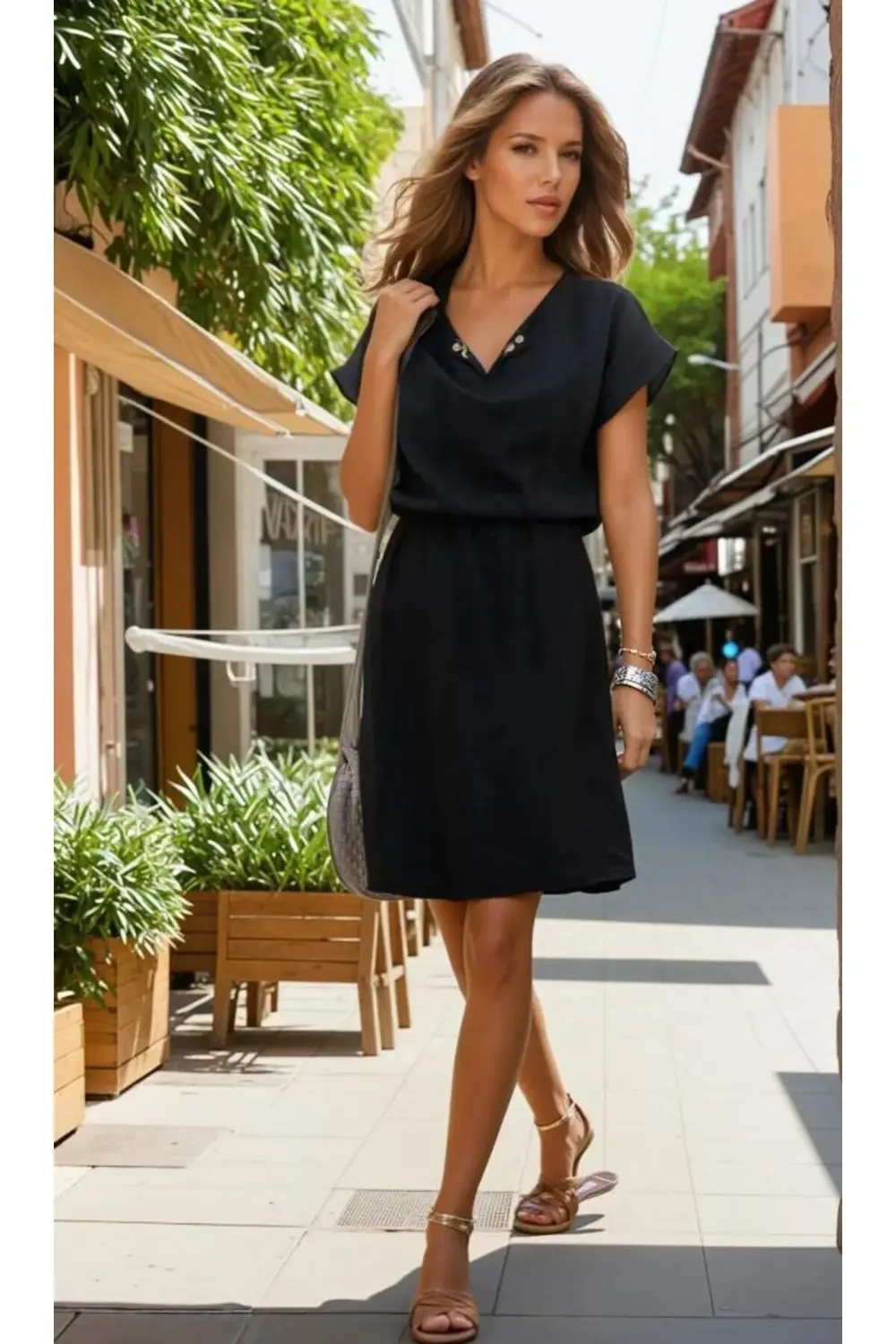 Pasaklı Giyim Kadın Beli Büzgülü Yakası Düğmeli Rahat Keten Elbis