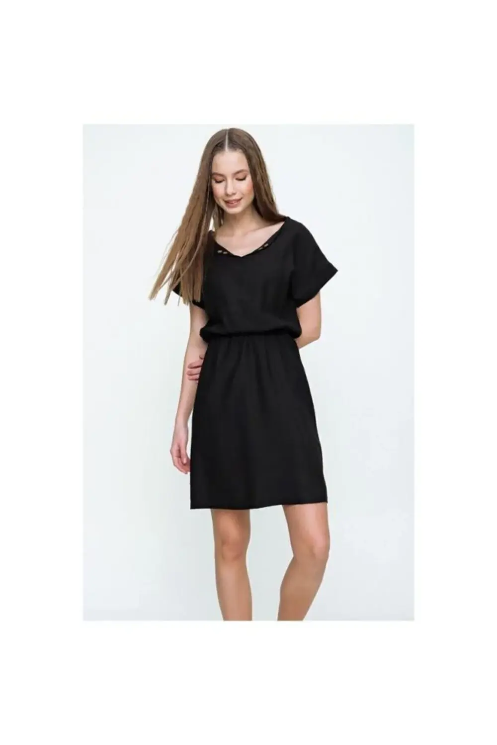 Pasaklı Giyim Kadın Beli Büzgülü Yakası Düğmeli Rahat Keten Elbis