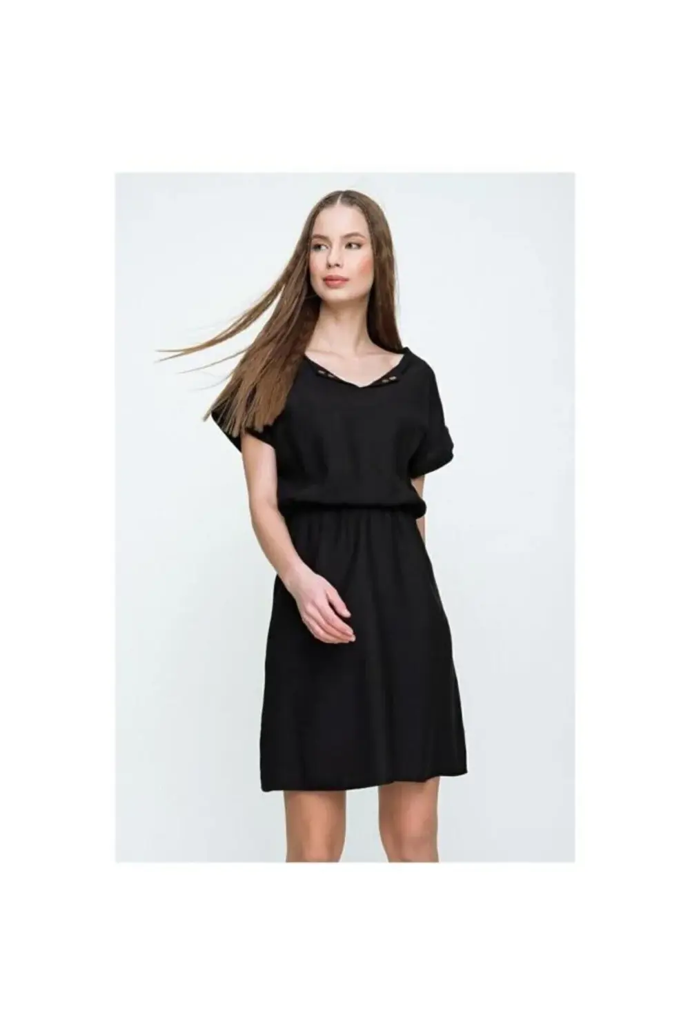 Pasaklı Giyim Kadın Beli Büzgülü Yakası Düğmeli Rahat Keten Elbis