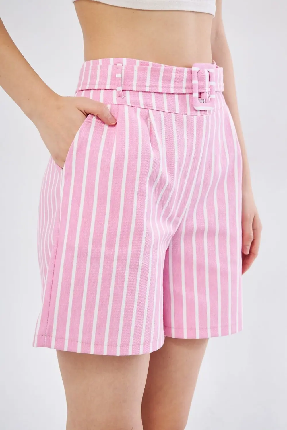 Pasaklı Giyim Kadın Gabardin Cepli Kemerli Tokalı Çizgili Mor Lil