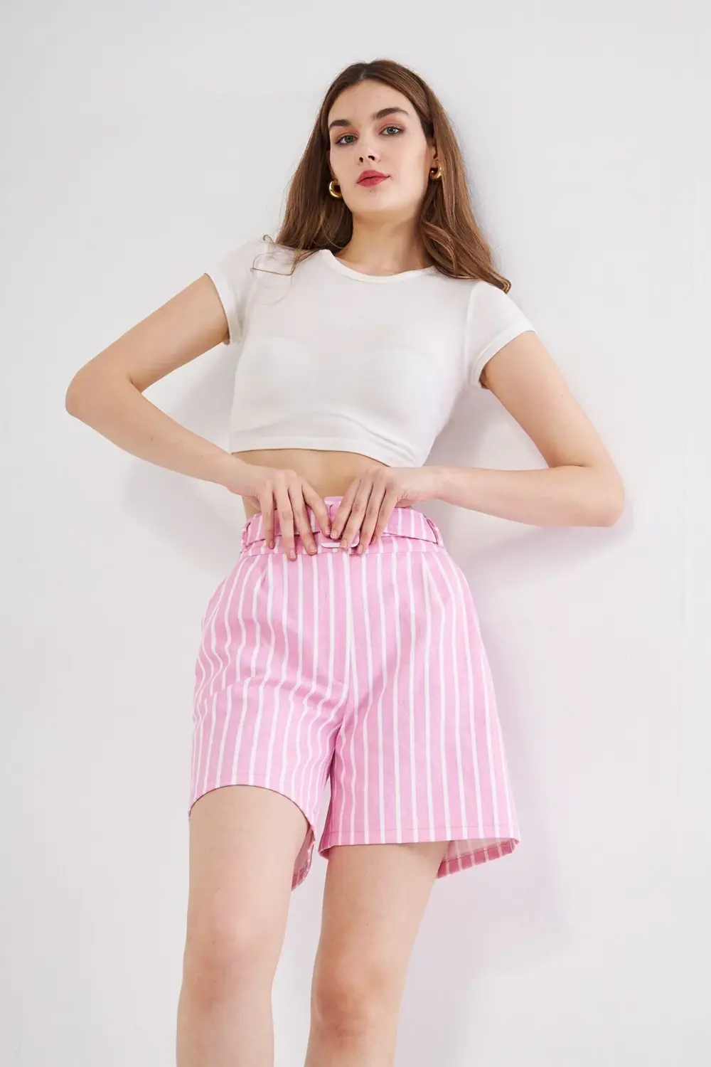 Pasaklı Giyim Kadın Gabardin Cepli Kemerli Tokalı Çizgili Mor Lil