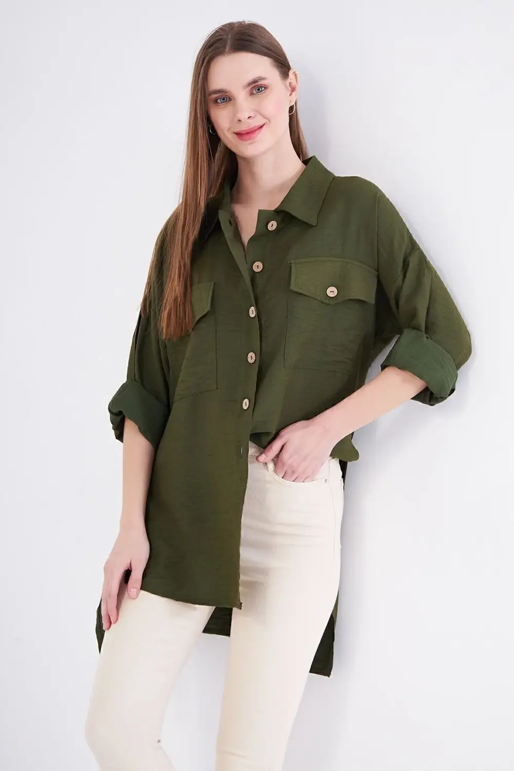 Pasaklı Giyim Kadın Oversize Arkası Uzun Pileli Uzun Kollu Haki U