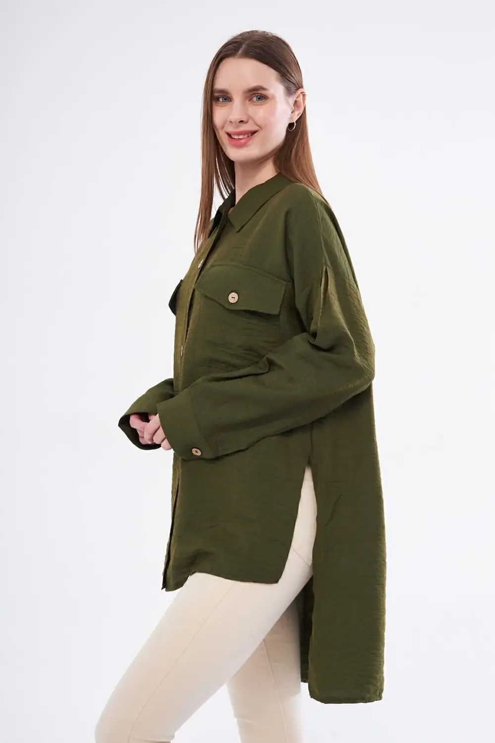 Pasaklı Giyim Kadın Oversize Arkası Uzun Pileli Uzun Kollu Haki U