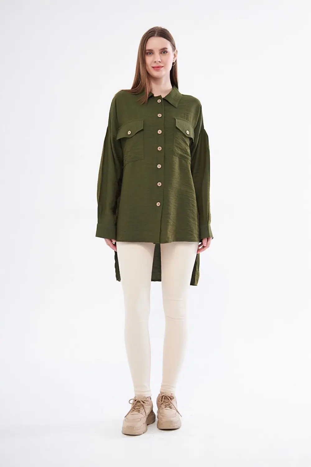 Pasaklı Giyim Kadın Oversize Arkası Uzun Pileli Uzun Kollu Haki U