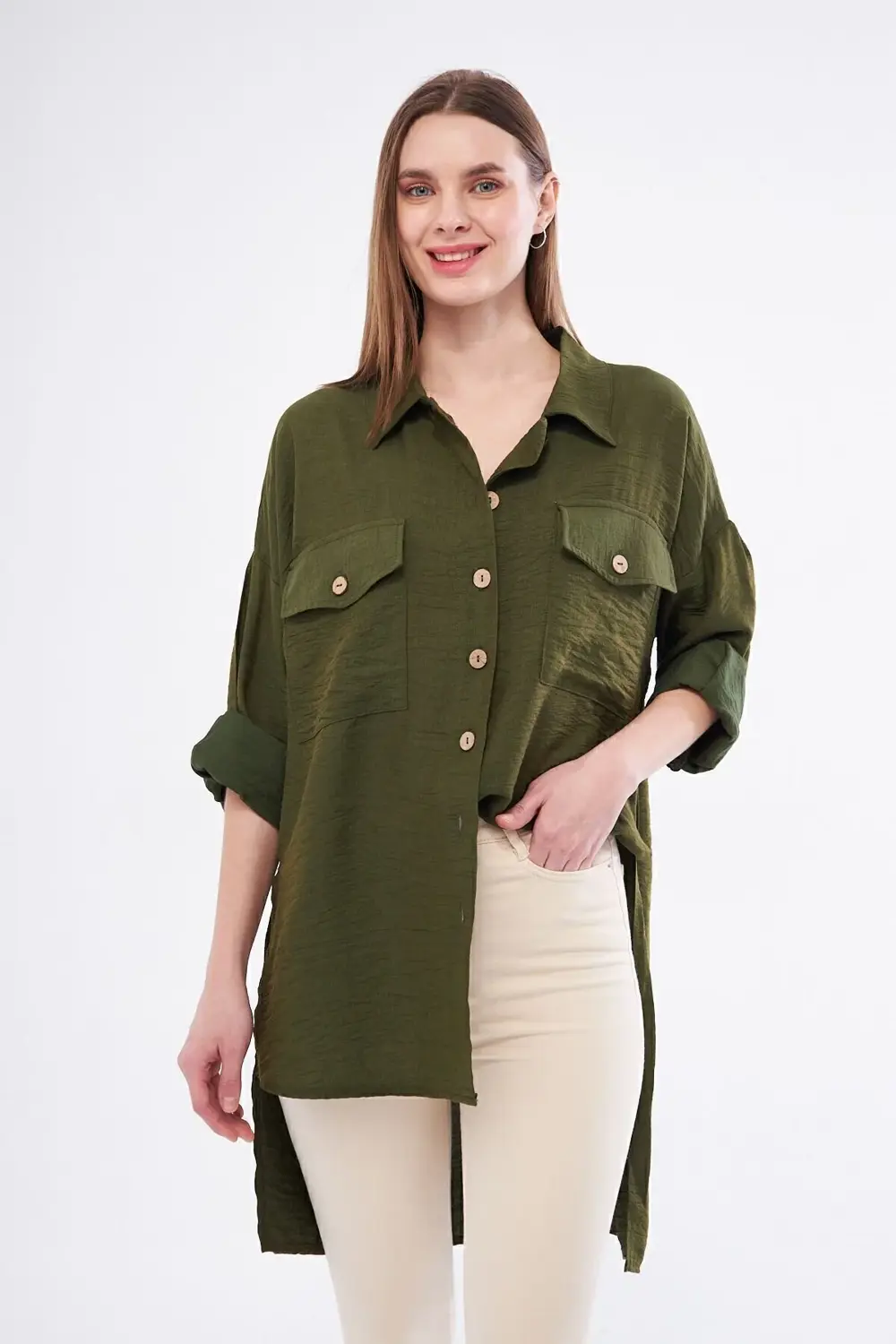 Pasaklı Giyim Kadın Oversize Arkası Uzun Pileli Uzun Kollu Haki U