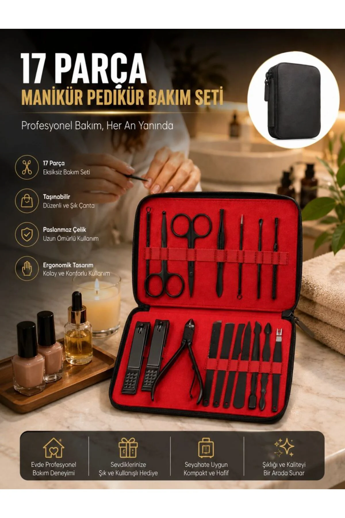 Paslanmaz Çelik 17 Parça Manikür Pedikür Seti Ve Taşınabilir Şık Çanta
