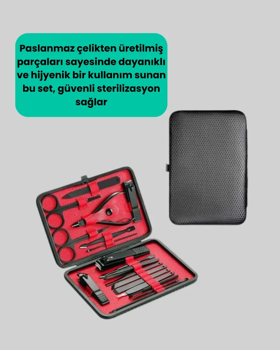 Paslanmaz Çelik 17 Parça Manikür Pedikür Seti ve Taşınabilir Şık Çanta - Güvenli Bakım Aracı