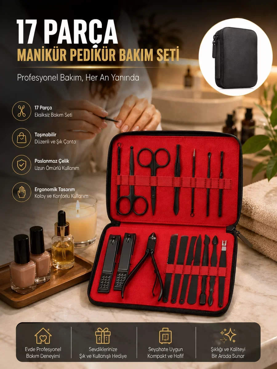 Paslanmaz Çelik 17 Parça Manikür Pedikür Seti ve Taşınabilir Şık Çanta - Güvenli Bakım Aracı