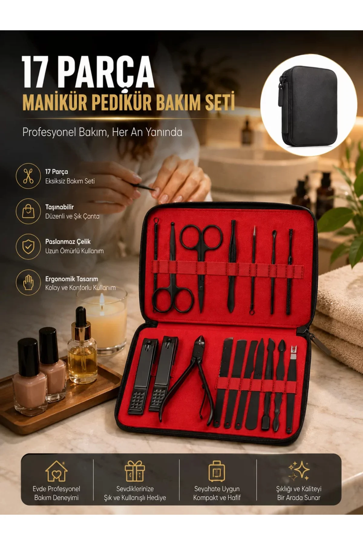 Paslanmaz Çelik 17 Parça Manikür Pedikür Seti ve Taşınabilir Şık Çanta