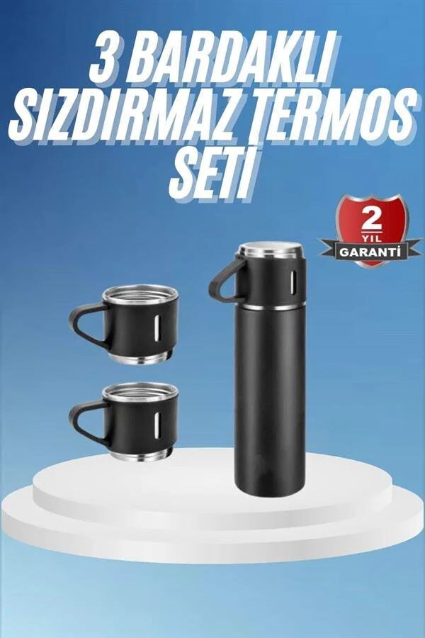 Paslanmaz Çelik 3 Bardaklı Siyah Termos Seti - Vakumlu Kapaklı Sıcak/Soğuk İçecek Çözümü