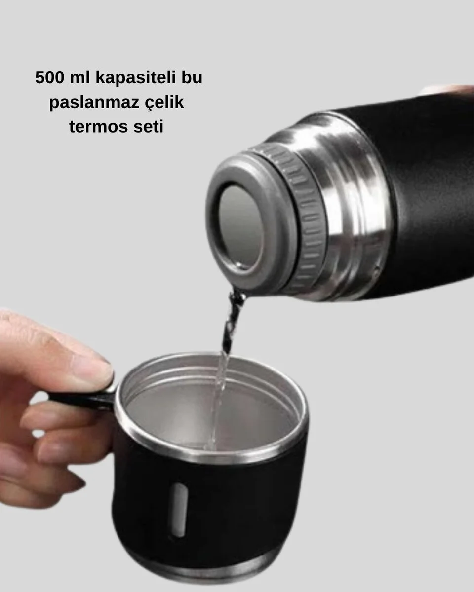 Paslanmaz Çelik 500 ml Termos Seti – 8 Saat Isı Koruma Vakumlu Sızdırmaz ve Taşınabilir