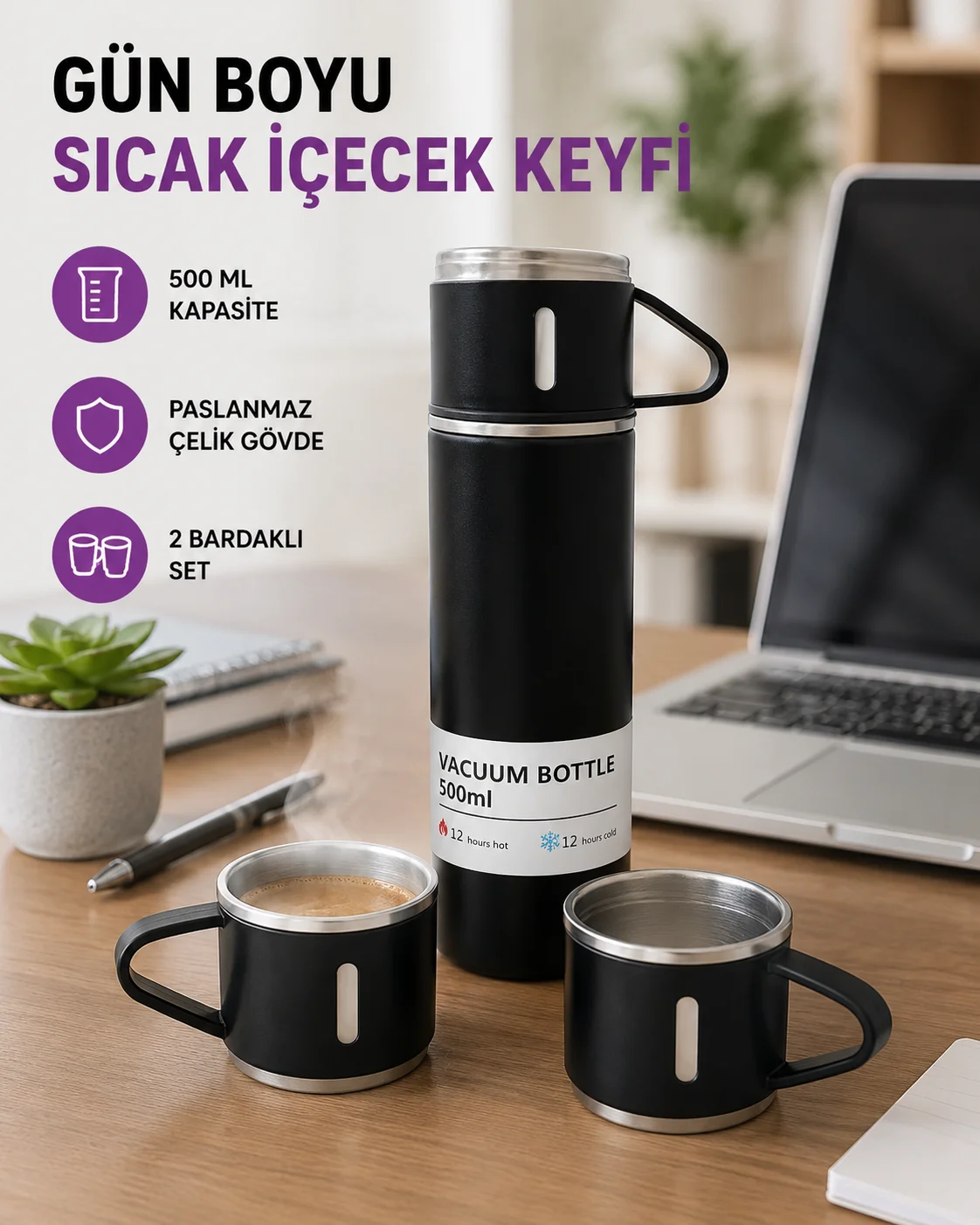 Paslanmaz Çelik 500 ml Termos Seti – 8 Saat Isı Koruma, Vakumlu, Sızdırmaz ve Taşınabilir Paslanmaz Çelik 500 ml Termos Seti – 8 Saat Isı Koruma, Vakumlu, Sızdırmaz ve Taşınabilir