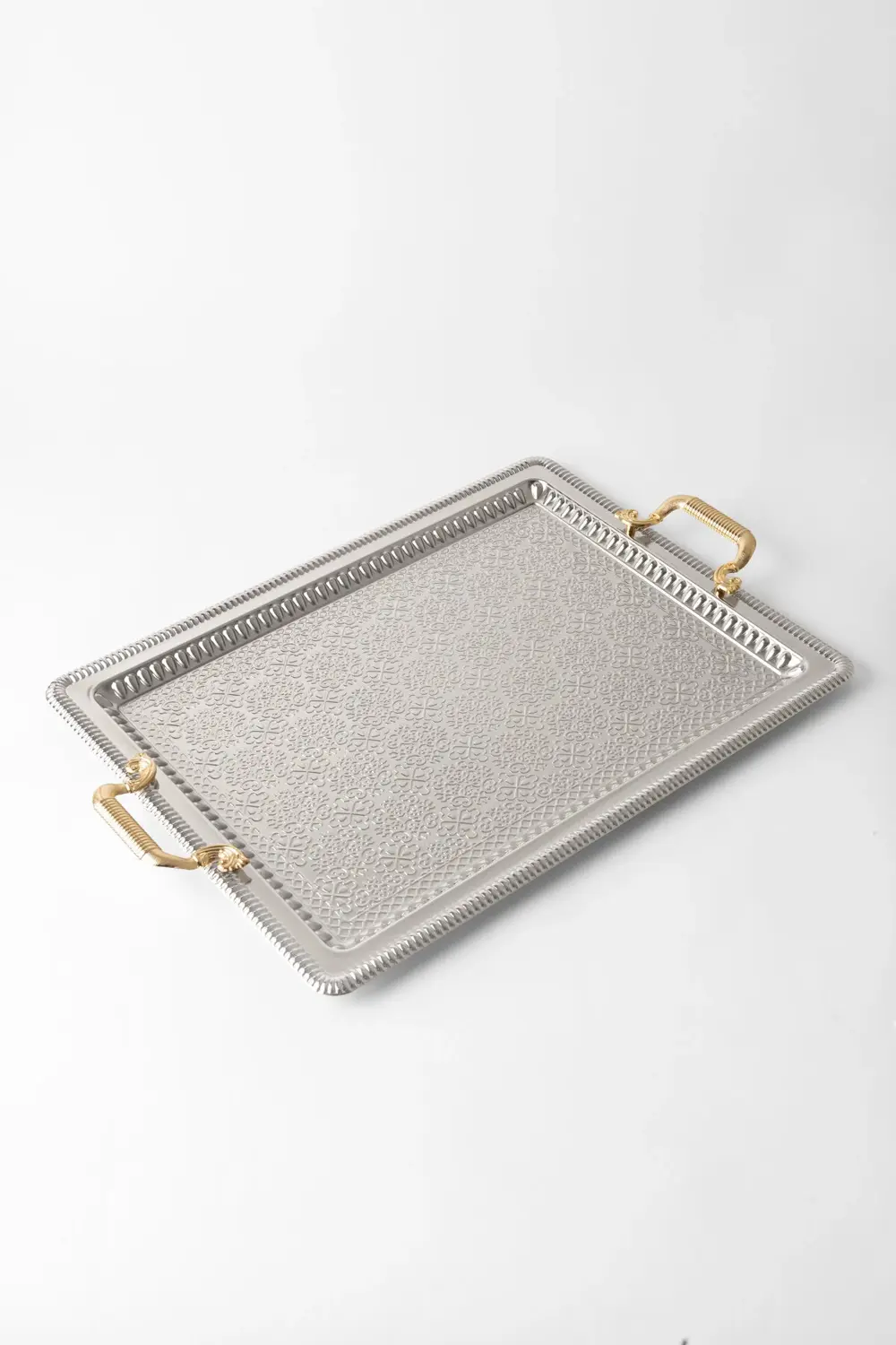 Paslanmaz Çelik 60x40 cm Gümüş Tepsi – Zarif Desenli Servis ve Su