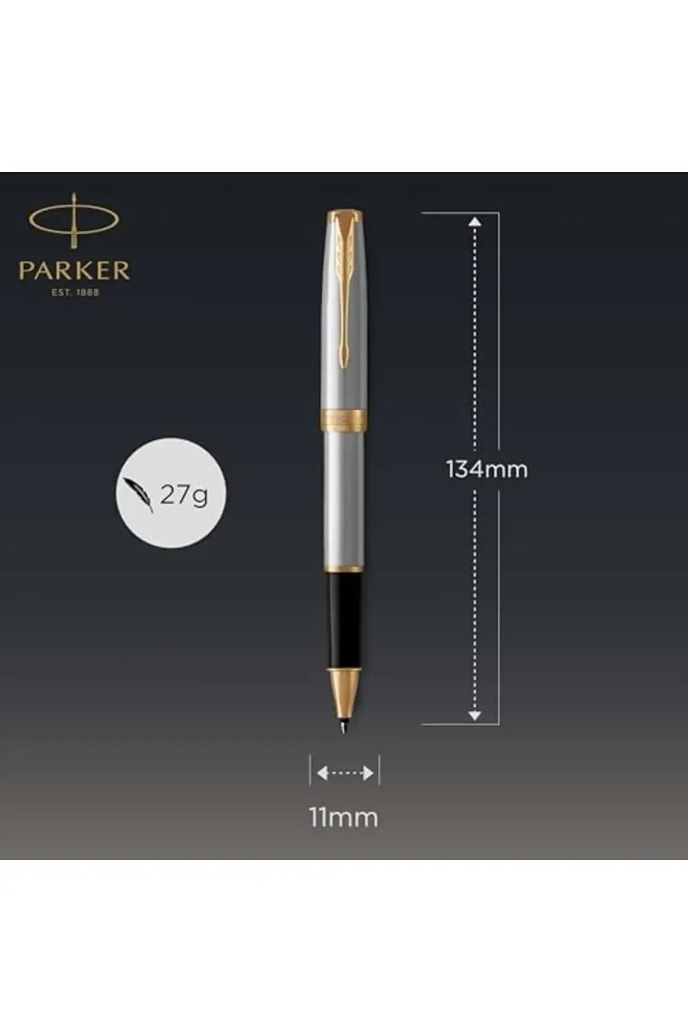 Paslanmaz Çelik Altın Tasarımlı Roller Kalem, İnce Uç, Siyah Müre