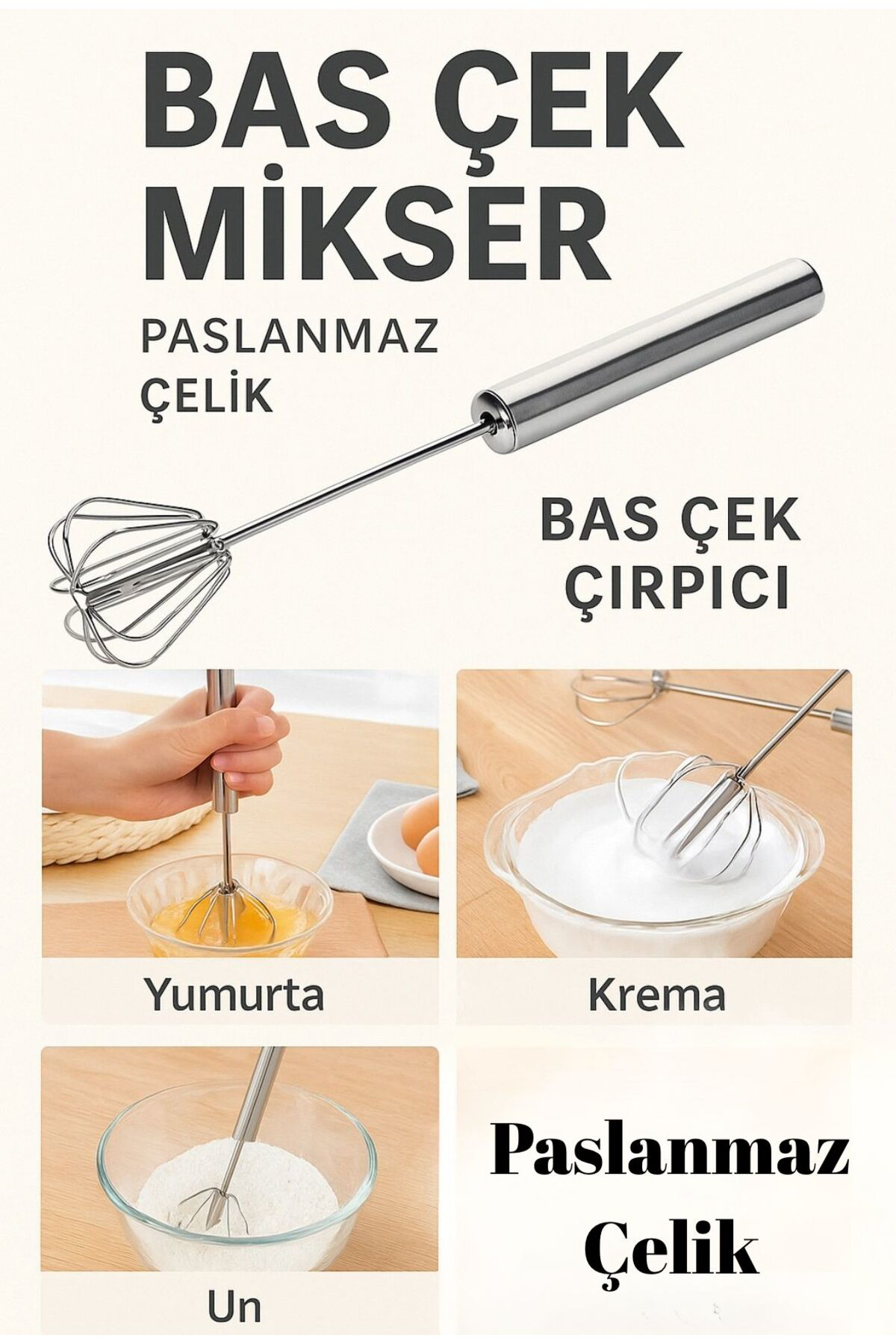 Paslanmaz Çelik Bas-Çek Manuel Çırpıcı Mikser