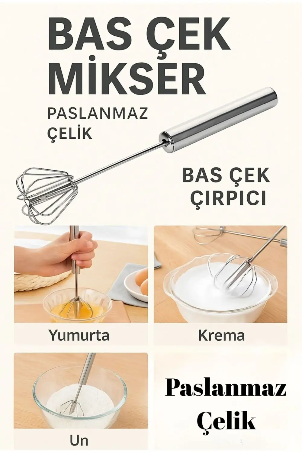 Paslanmaz Çelik Bas-Çek Manuel Çırpıcı Mikser