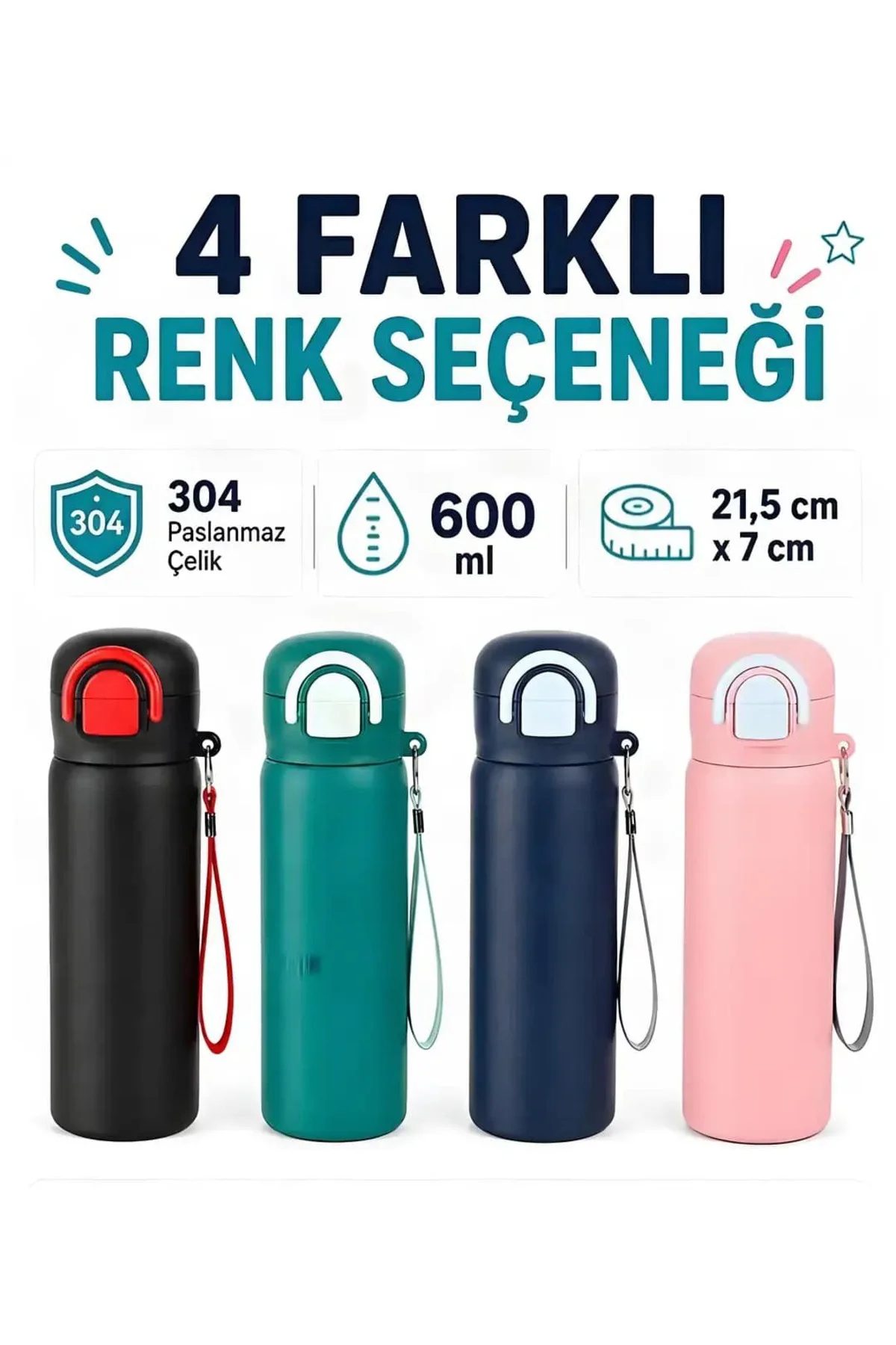 Paslanmaz Çelik Çocuk Su Matarası 600 ml Pipetli Tek Kapak Çift İçim