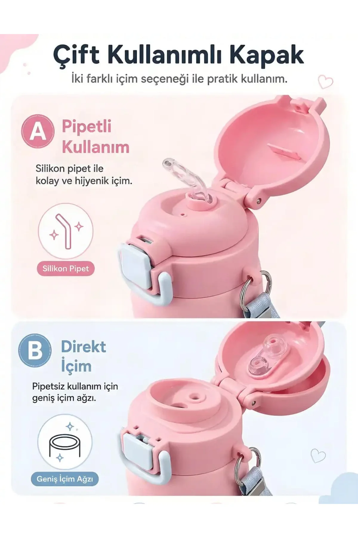 Paslanmaz Çelik Çocuk Su Matarası 600 ml Pipetli Tek Kapak Çift İçim