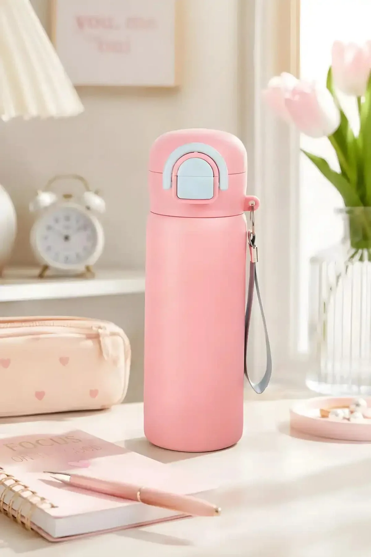 Paslanmaz Çelik Çocuk Su Matarası 600 ml Pipetli Tek Kapak Çift İçim