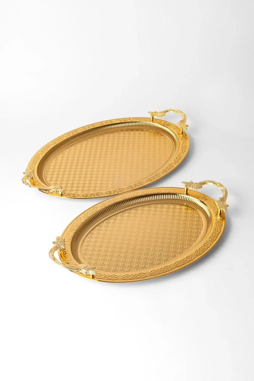 Paslanmaz Çelik Gold 2’li Oval Tepsi Seti – Zarif Desenli Servis