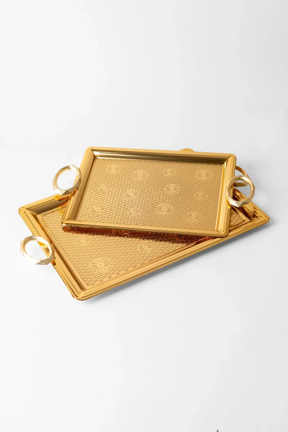 Paslanmaz Çelik Gold 2’li Tepsi Seti – Gümüş Kulplu Servis ve Sun