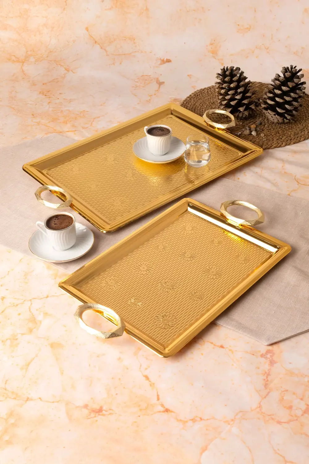 Paslanmaz Çelik Gold 2’li Tepsi Seti – Gümüş Kulplu Servis ve Sun