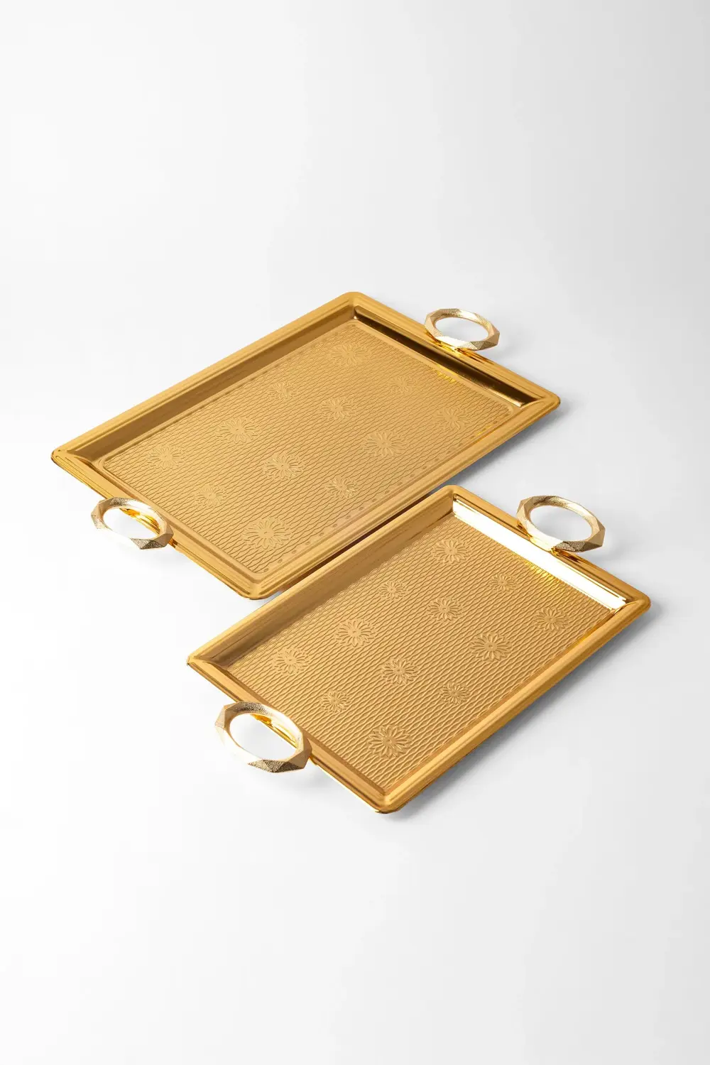 Paslanmaz Çelik Gold 2’li Tepsi Seti – Gümüş Kulplu Servis ve Sun