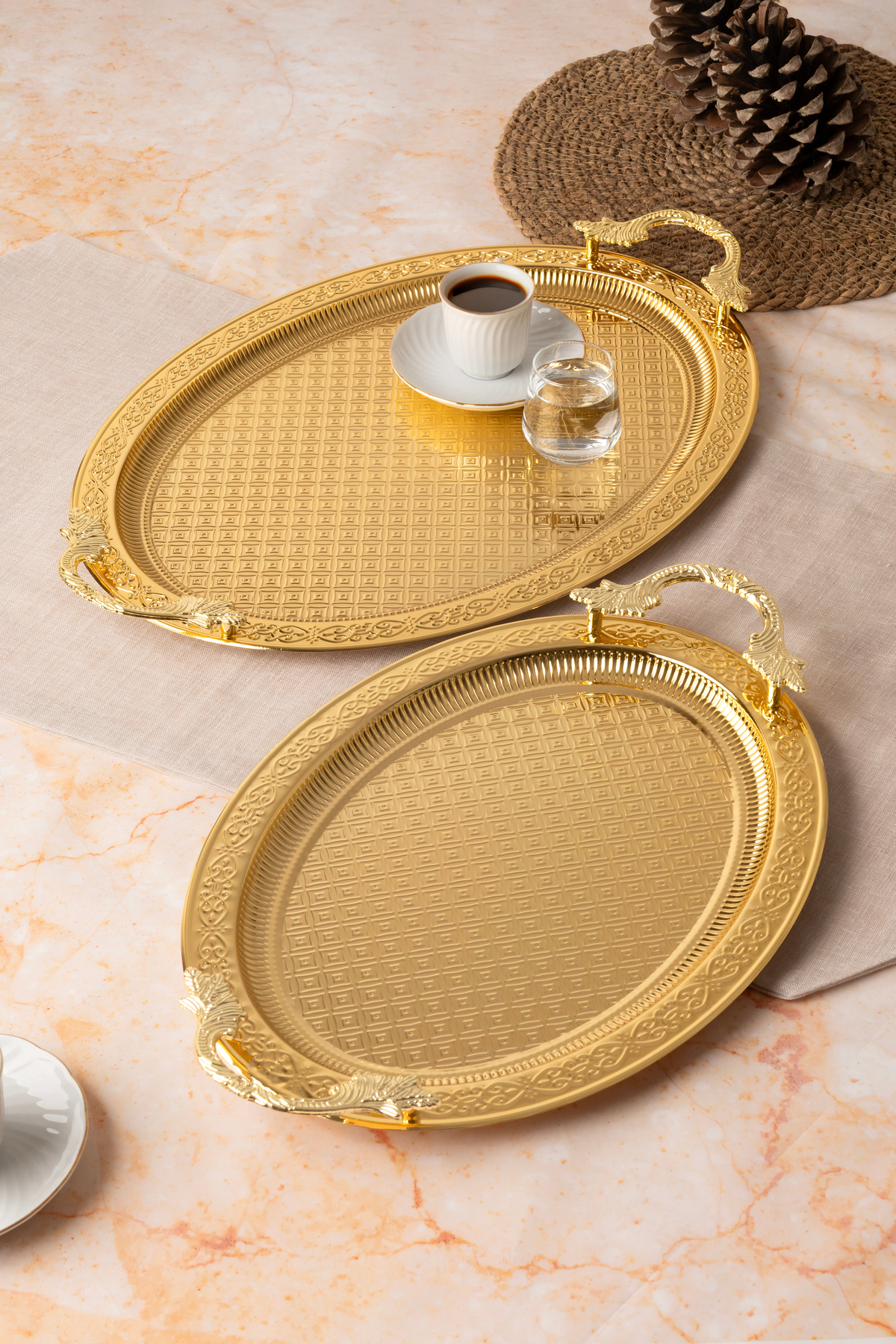 2’li Paslanmaz Çelik Gold Oval Tepsi Seti – Desenli Servis ve Sunum Tepsisi, Kararmaz, Solmaz