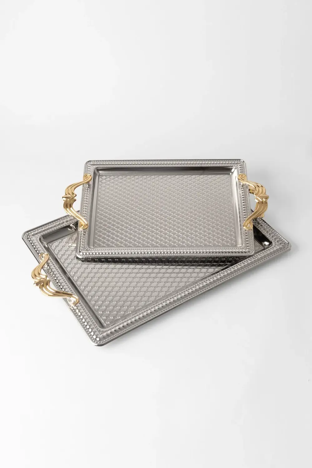 Paslanmaz Çelik Gümüş 2’li Dikdörtgen Tepsi Seti – Servis ve Sunu